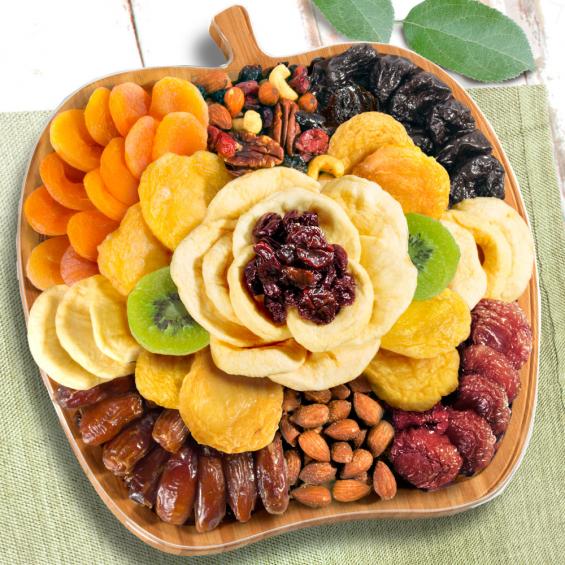 Dried Fruit and Nuts on Bamboo Apple Shape Cutting Board